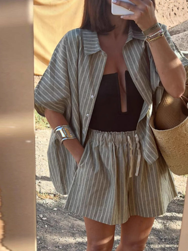 Striped Linen Shirt and Pocket Shorts Set for Women