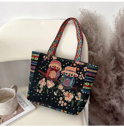 Bohemian Floral Embroidered Tote Bag Stylish Canvas Shoulder Bag