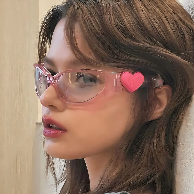 Trendy Oval Frame Sunglasses with Pink Heart Decoration