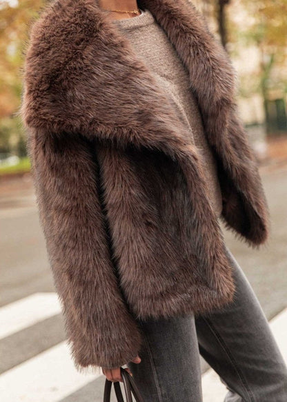 Faux Fur Jacket Plush Texture Dark Brown