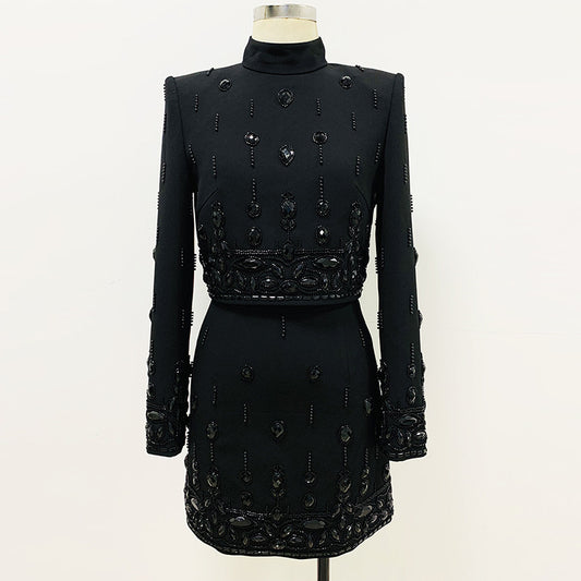 Fashionable Pearl Beaded Rhinestone Short-Sleeve Top And Skirt Set