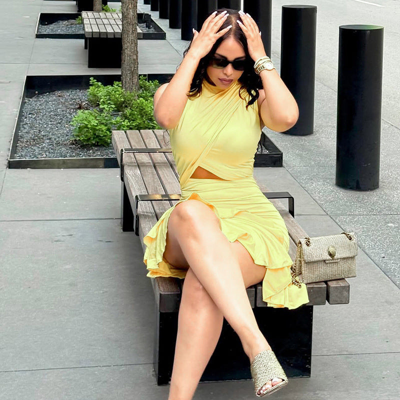 Solid Color Pleated Waist A-Line Mini Dress With Ruffle Hem