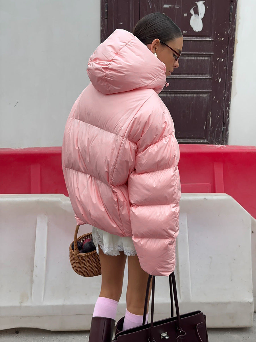 Pink Hooded Puffer Jacket Warm Thick Casual Outerwear