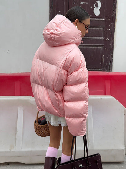 Pink Hooded Puffer Jacket Warm Thick Casual Outerwear