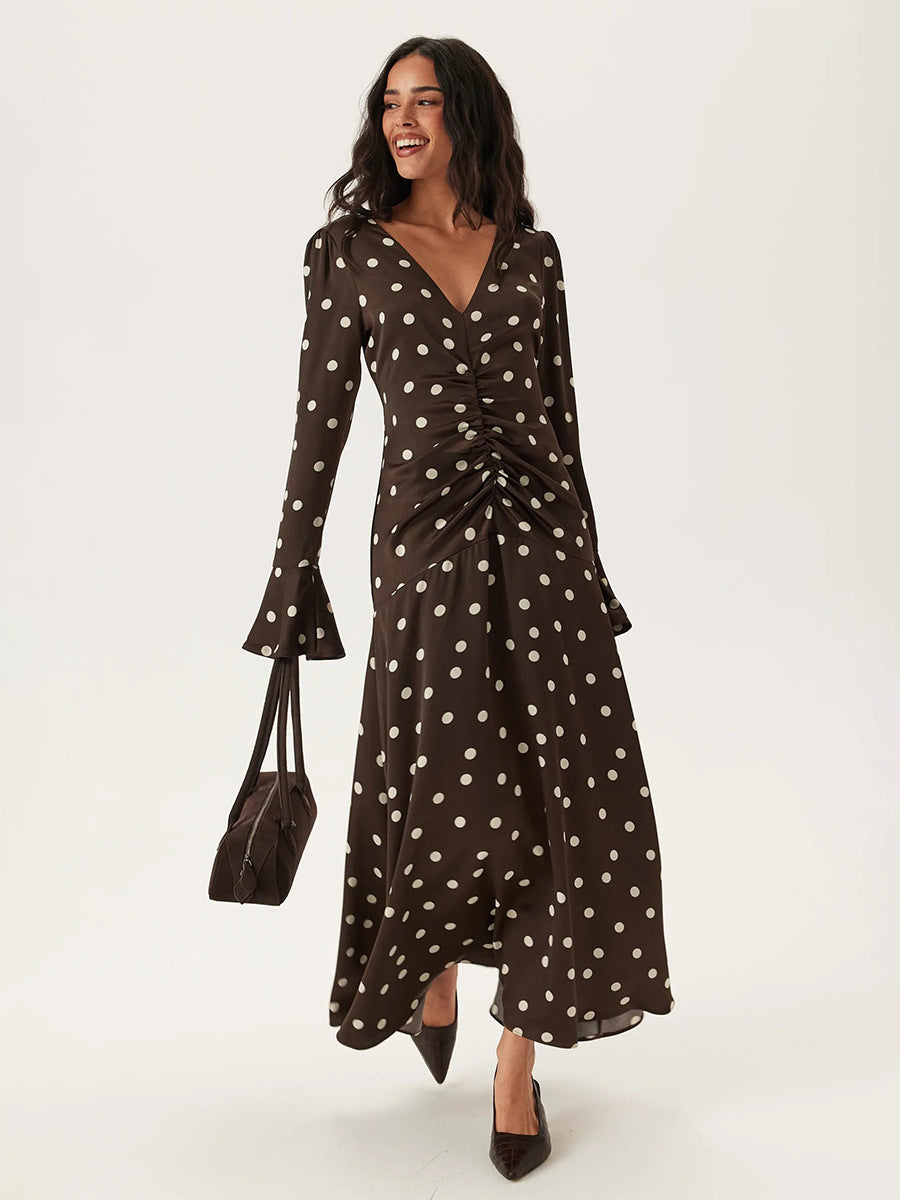 Brown Polka Dot Long Sleeve Dress Elegant Casual Fit