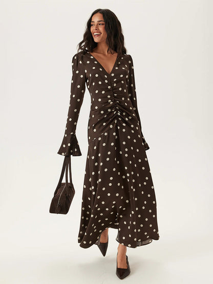 Brown Polka Dot Long Sleeve Dress Elegant Casual Fit