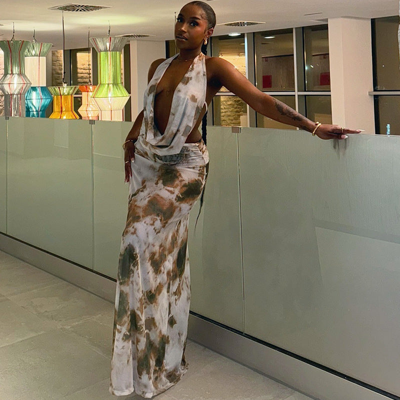 Ruffled Backless Dress Set With Abstract Print