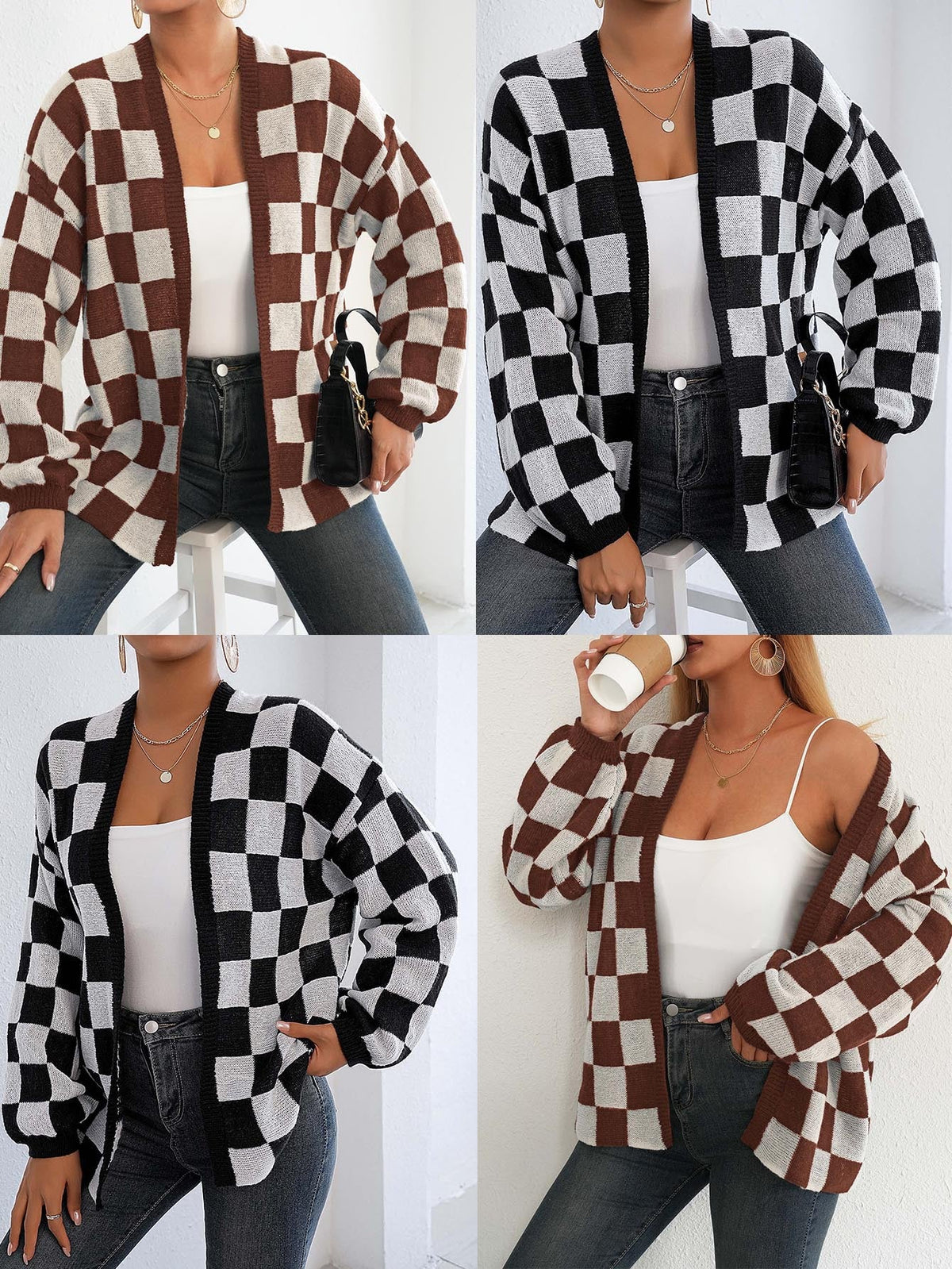Women鈥檚 Color-Blocked Plaid Knit Cardigan Casual Sweater