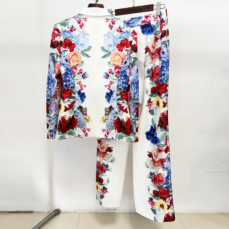 Floral Print Suit Jacket Set Stylish Casual Outfit