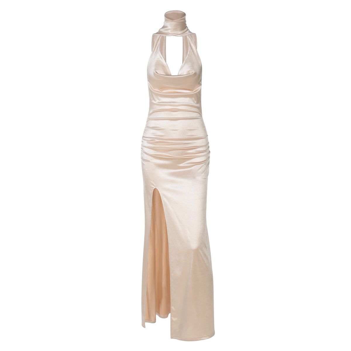 Sexy Deep V Neck Halter Backless Dress with Slit