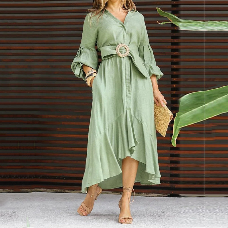 Green Dress Dress Fashion Casual Vneck Lapel Long Dress