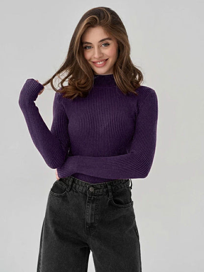 Solid Color High Neck Sweater Slim Fit Knitted Top