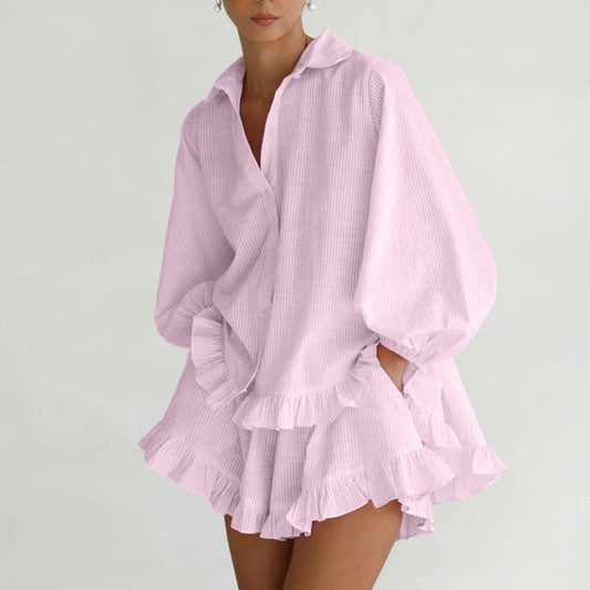 Fashion Striped Two-Piece Set with Ruffled Puff Sleeve Shirt and Loose Shorts