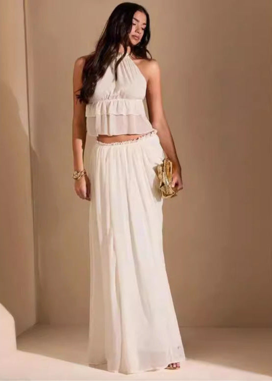 Halter Crop Top And Flowy Chiffon Maxi Skirt Set
