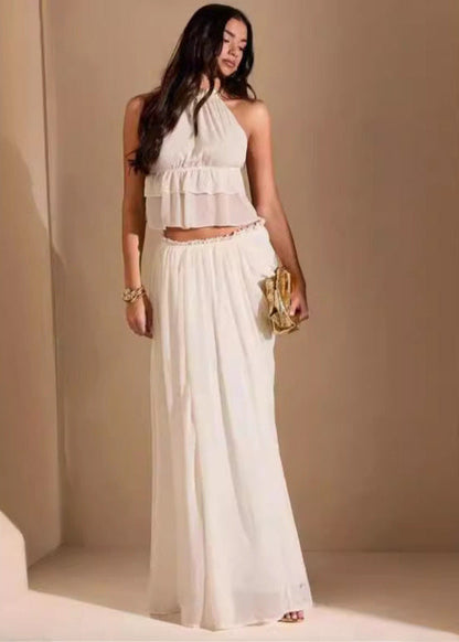Halter Crop Top And Flowy Chiffon Maxi Skirt Set