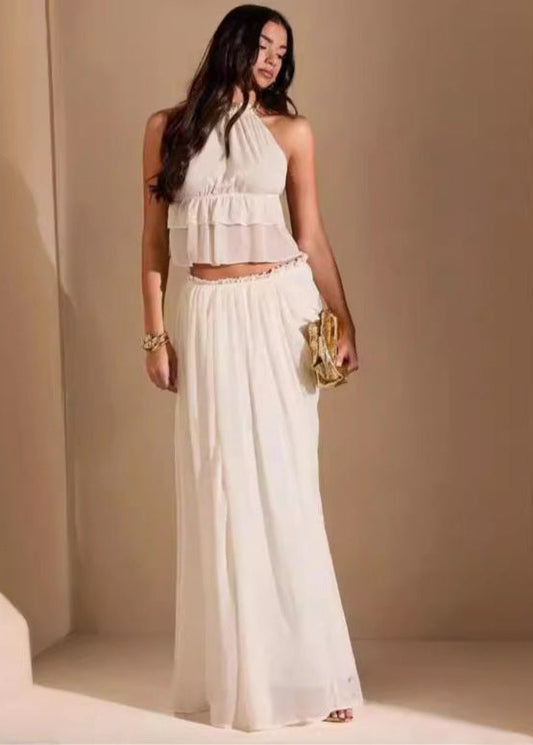 Halter Crop Top And Flowy Chiffon Maxi Skirt Set