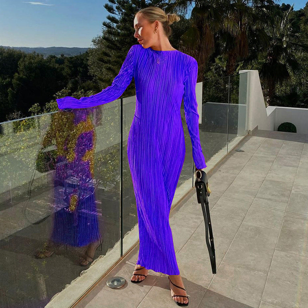 Women'S Fashion Casual Solid Color Round Neck Long Sleeves Slim Pleated Long Skirt Pressed Pleated Dress