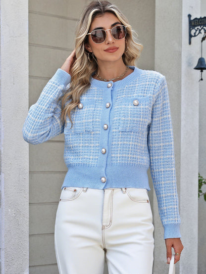 Checkered Knit Cardigan With Pearl Buttons For Women