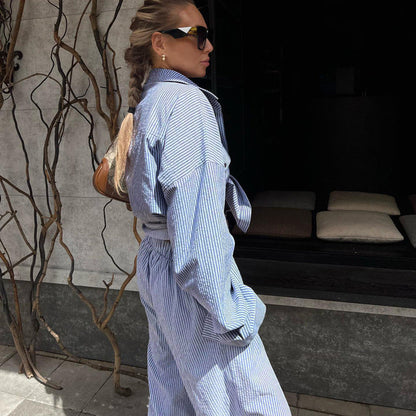 Blue Striped Collar Shirt & Loose Pants Set
