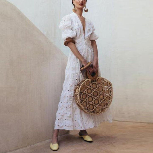 Summer New Women'S Wish Deep V Puff Sleeve Lace Dress