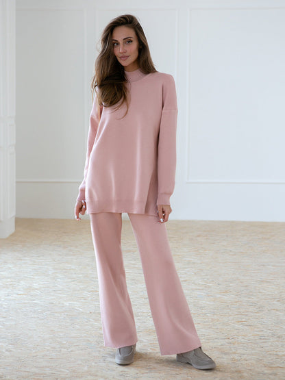 High Collar Side Split Knit Sets