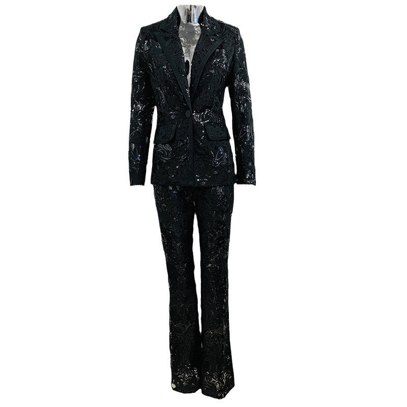 Elegant Embroidered Sequin Blazer And Trousers Set