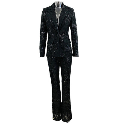 Elegant Embroidered Sequin Blazer And Trousers Set