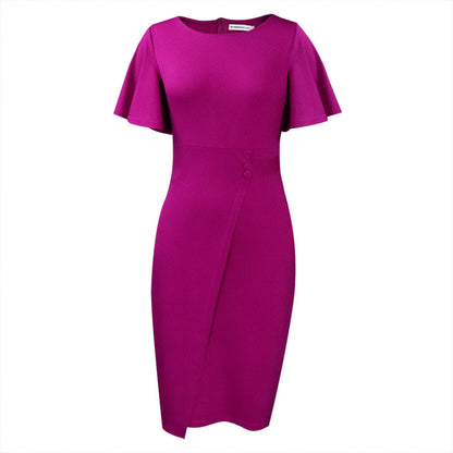 Elegant High-Waisted Ruffle Sleeve Office Dress