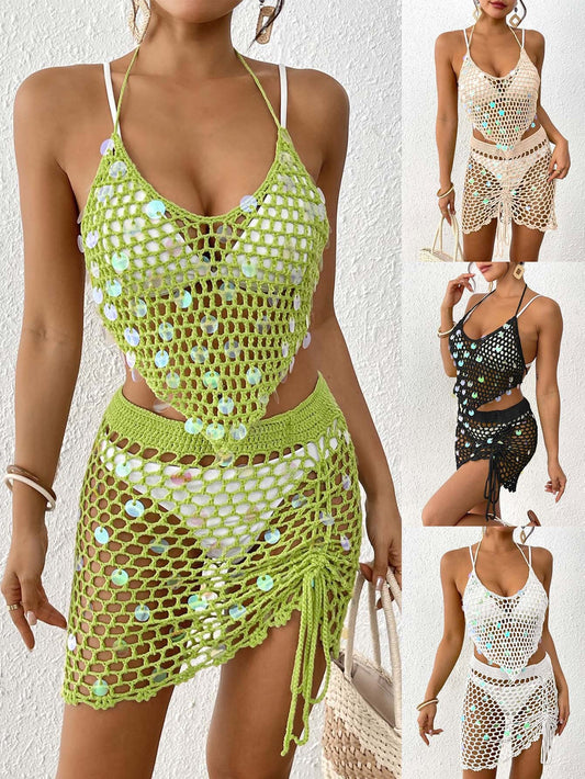 Women'S Vacation Beach Set Sparkly Crochet Bikini Two-Piece Cover-Up
