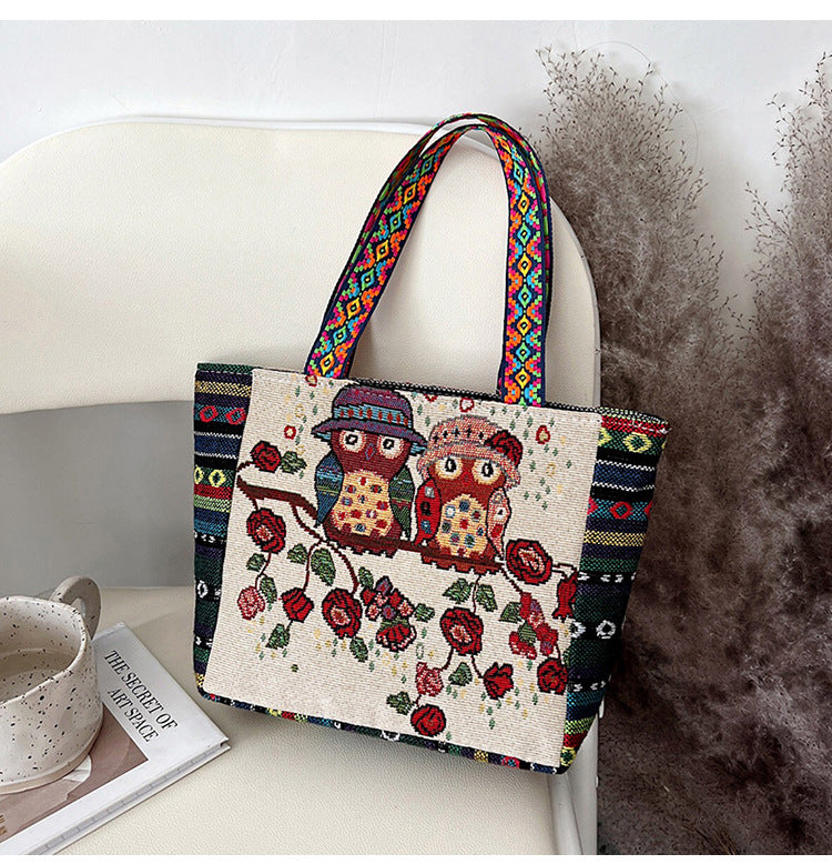 Bohemian Floral Embroidered Tote Bag Stylish Canvas Shoulder Bag