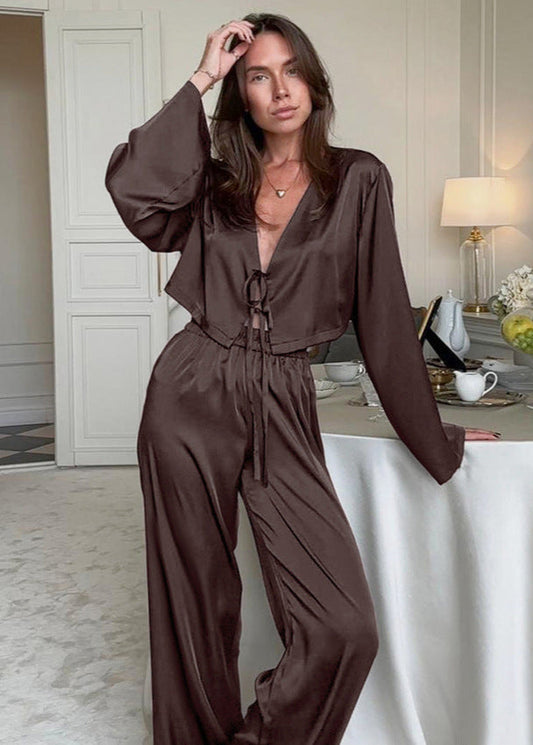 Satin Tie Front Top With Wide Leg Pants