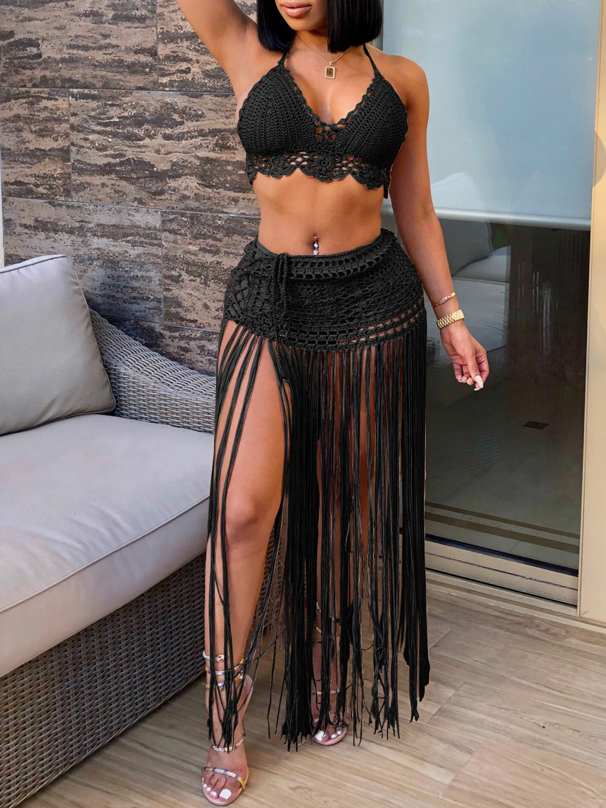 Women鈥檚 Crochet Beach Bikini Top With Fringe Skirt Two-Piece Set