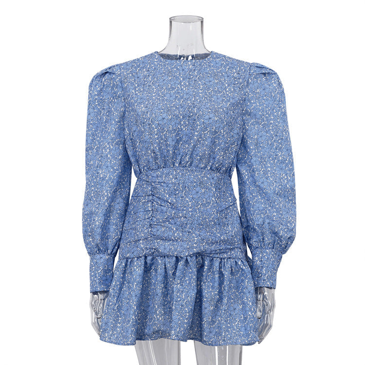 Floral Print Pleated Mini Dress with Long Sleeves