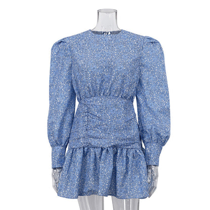 Floral Print Pleated Mini Dress with Long Sleeves