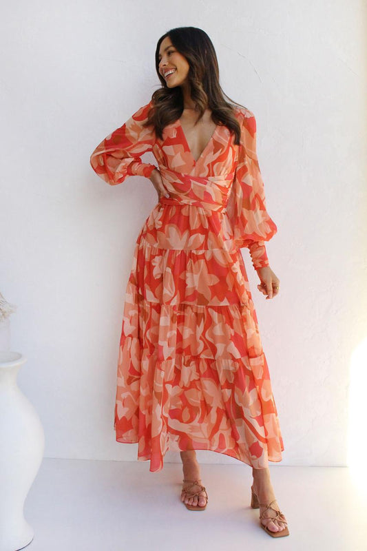 Autumn And Winter Casual Print Long Sleeves V-Neck Large Swing Dress Long Dress