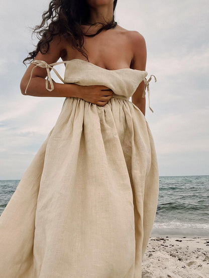 Cotton V-Neck Backless Dress Elegant Casual