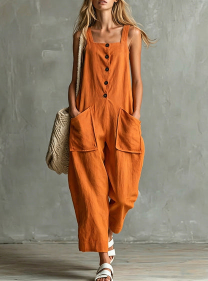Loose Linen Square Neck Sleeveless Pocket Jumpsuit Casual Overall