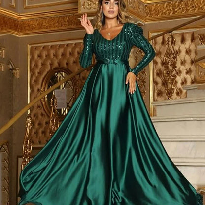 Deep V Neck A-Line Maxi Dress With Train For Evening Parties