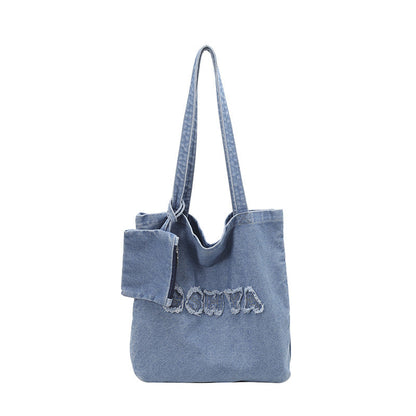 Trendy Denim Tote Bag Stylish Large Capacity Shoulder Bag
