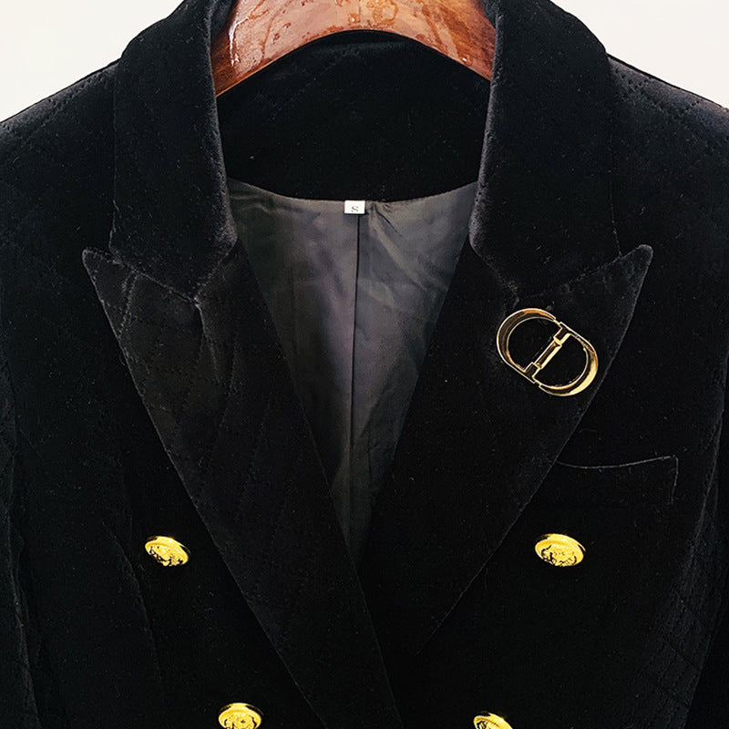 Double Breasted Velvet Blazer with Metal Lion Button