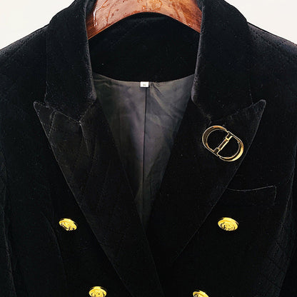 Double Breasted Velvet Blazer with Metal Lion Button