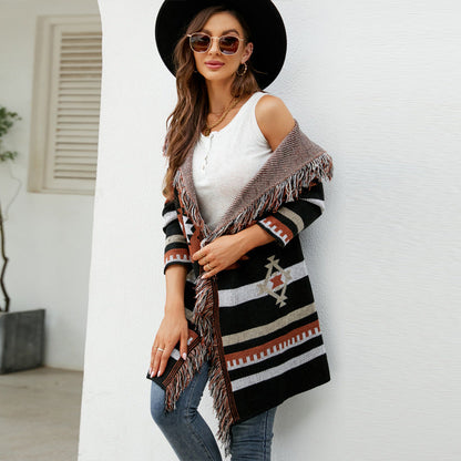 Autumn And Winter Loose Hooded Long Sweater Coat Tassel Geometric Jacquard Sweater Cardigan