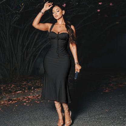Elegant Solid Color Fish Tail Dress With Spaghetti Straps