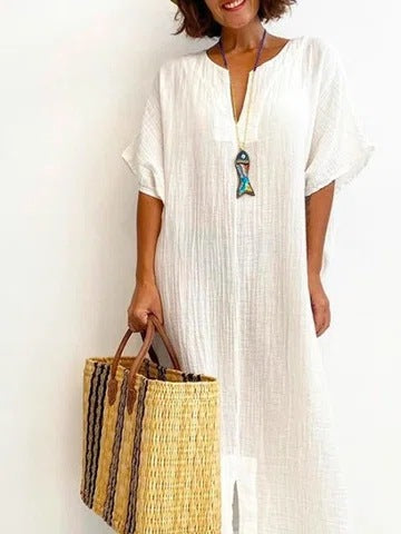 Women'S Casual Cotton Linen Solid Color Short Sleeve Dress Women