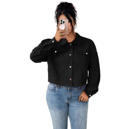 Casual Corduroy Jacket With Polo Collar And Lantern Sleeves