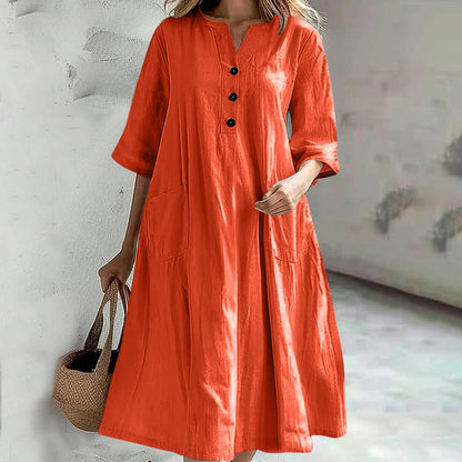 Women'S Dress Women'S Medium And Long V-Neck Half-Sleeve Cotton And Linen Loose Version Three-Button Pocket Dress