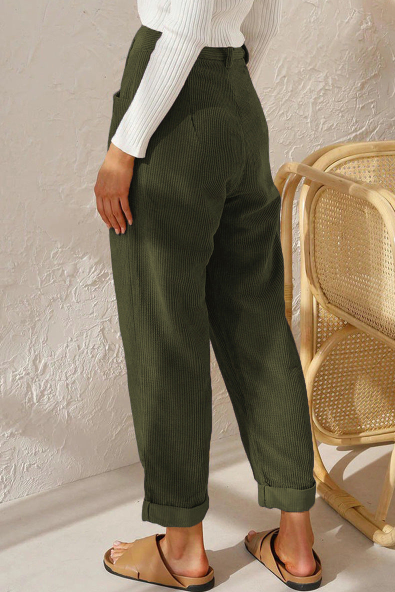 New Women'S High Waist Casual Pants Solid Color Loose Straight Corduroy Pants