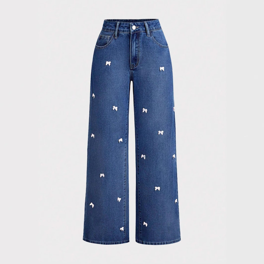 Elegant Bow High Waist Wide Leg Jeans