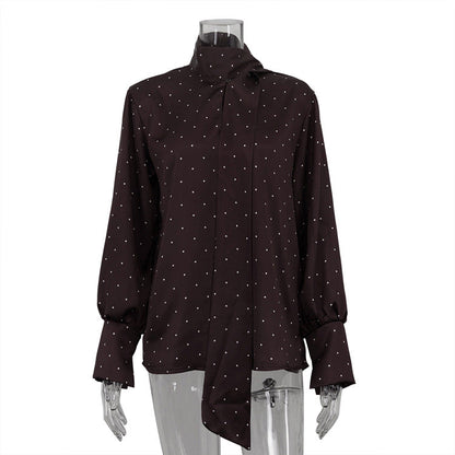 Polka Dot Satin Blouse with Tie Front Elegant Long Sleeve Shirt