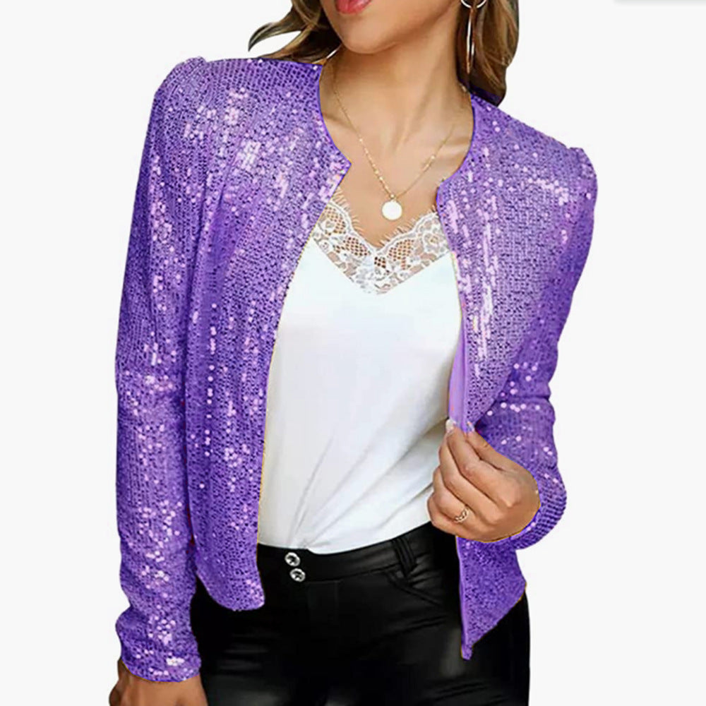 New Women'S Fashion Stand-Up Collar Color Block Color Sequin Coat Short Casual Versatile Small Coat